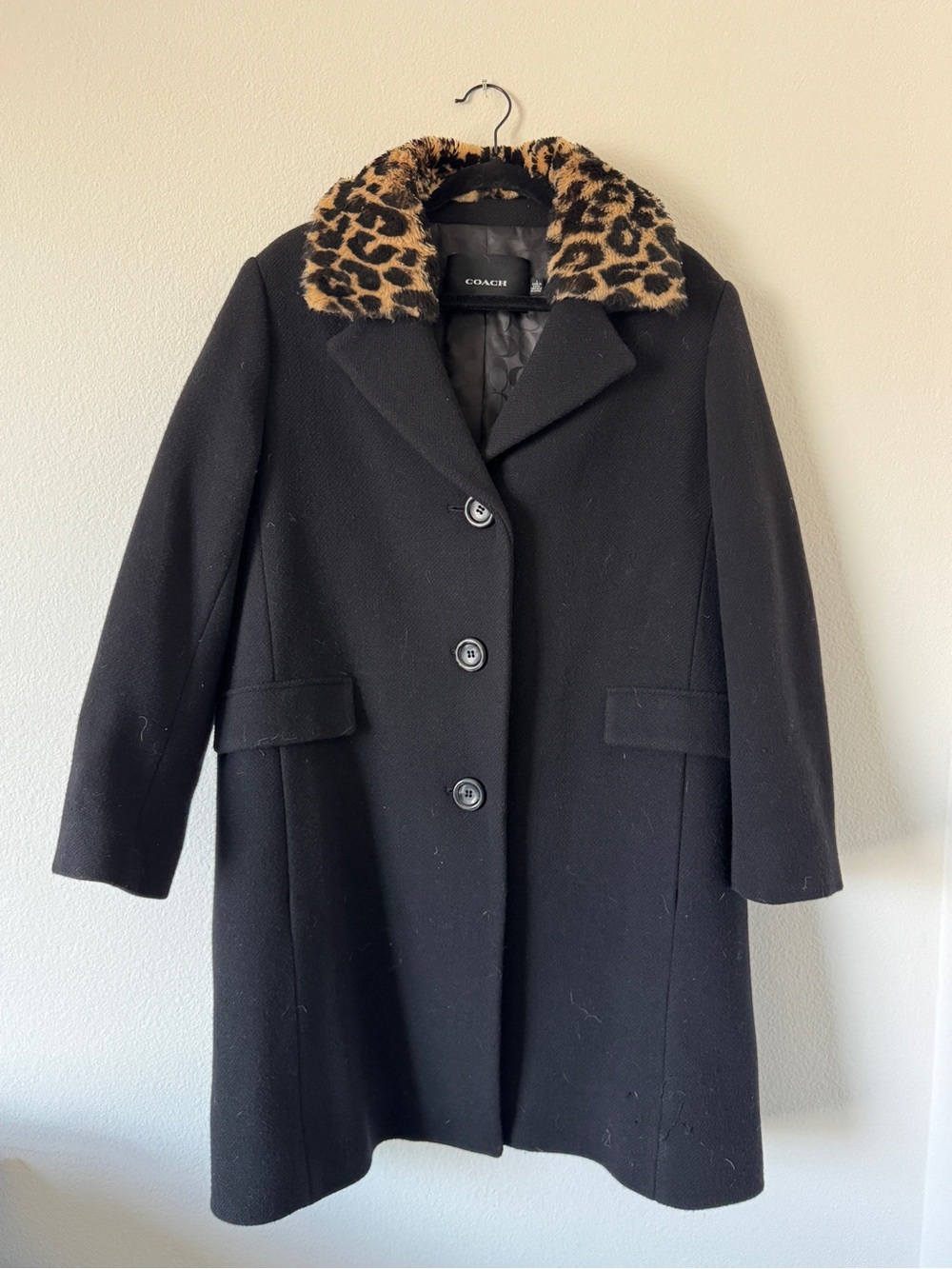 Coach Black Wool Peacoat with Leopard-Print Faux Fur Collar